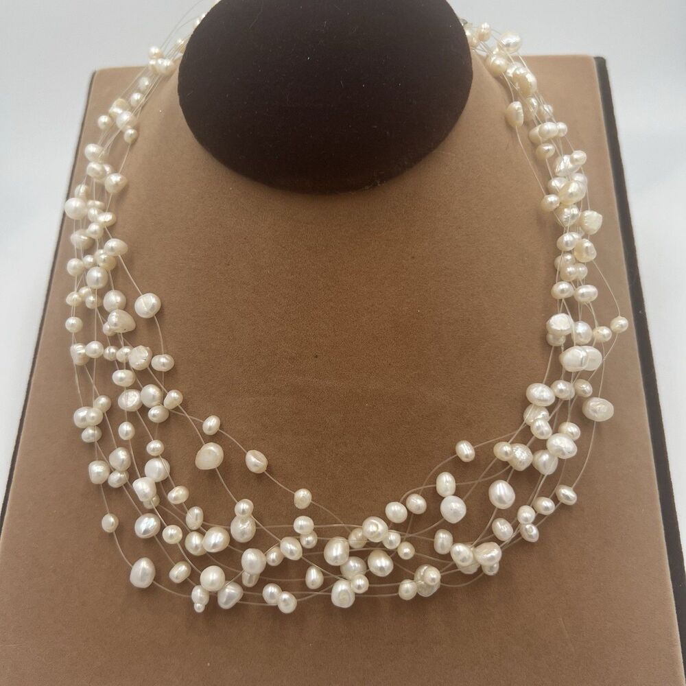Vtg Crown Trifari Necklace Floating Pearls Illusion Real Pearls Wedding Multi